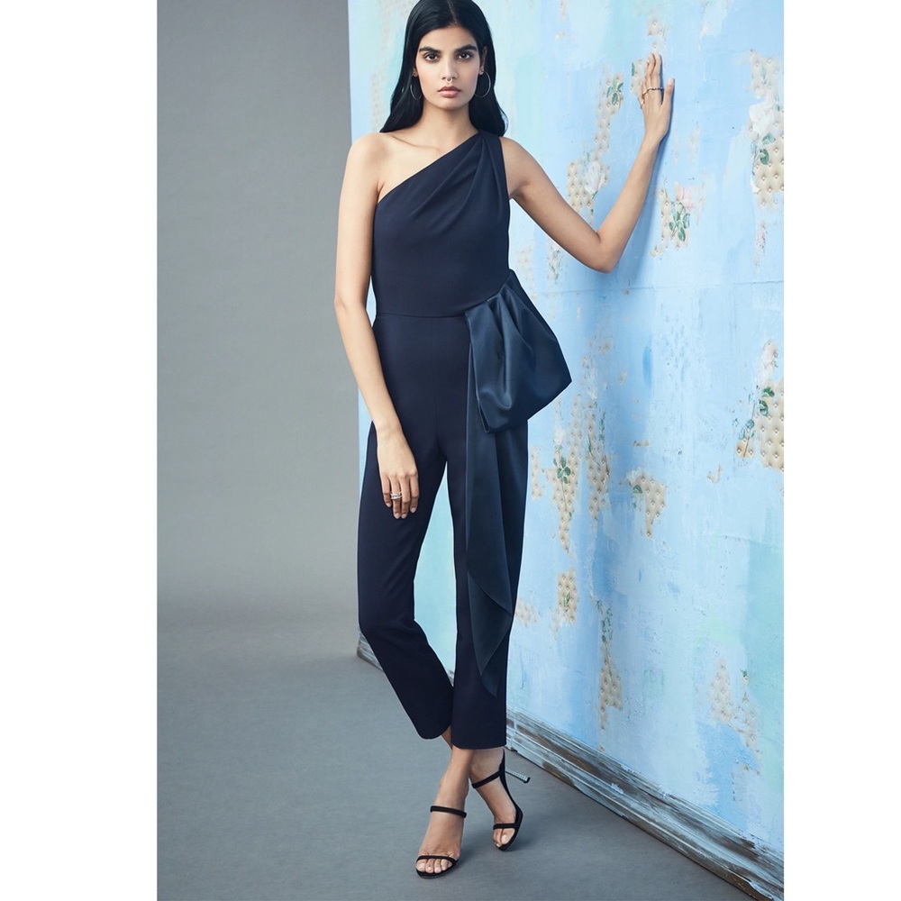 Cushnie Jumpsuit One Shoulder Navy Crepe Satin Ruffle Bow Cocktail Party Size 4